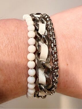 STEELX Stainless Steel Multi-Strand Bracelet White Bead Chain Link Toggle NWT